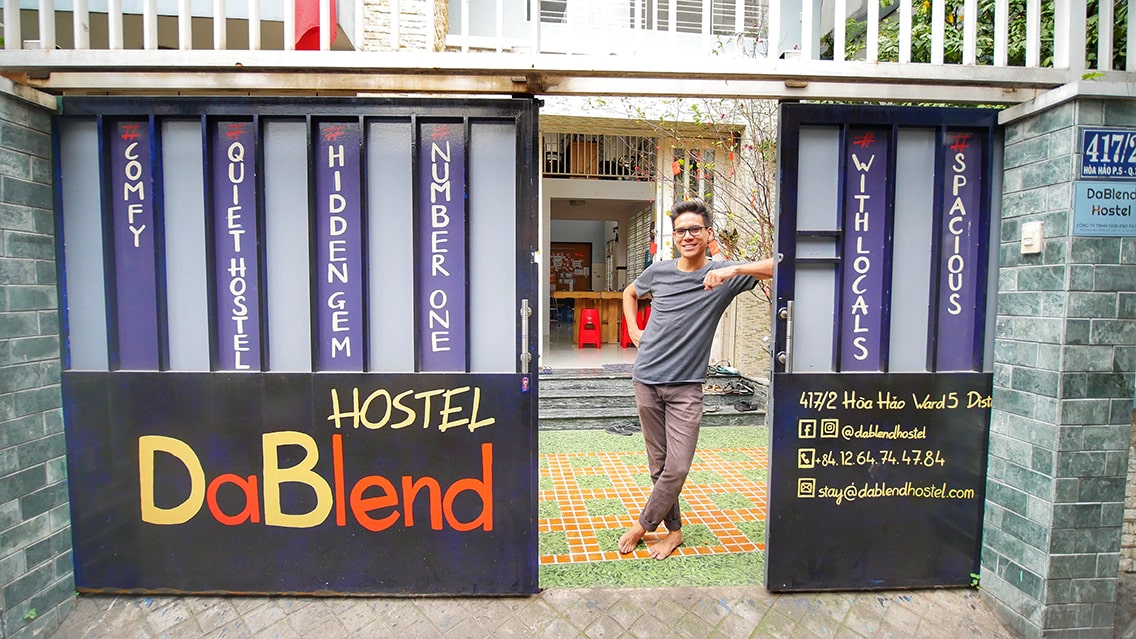 Nicolas, the owner of DaBlend Hostel at the gate of the Best hostel in Saigon