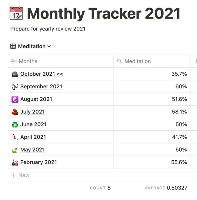 One year review of meditation per month 2021 nicolas thanh