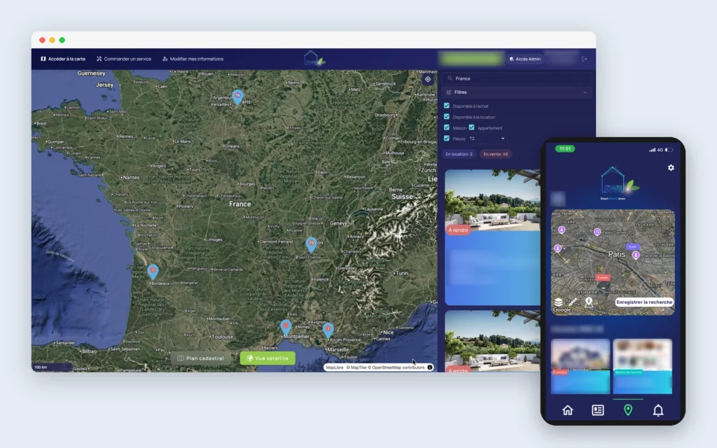 The marketplace app on desktop and mobile: a map of listings, with personal details blurred