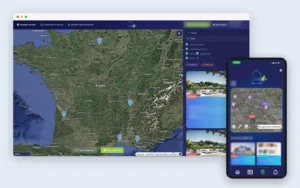 The marketplace app on desktop and mobile: a map of listings, with personal details blurred