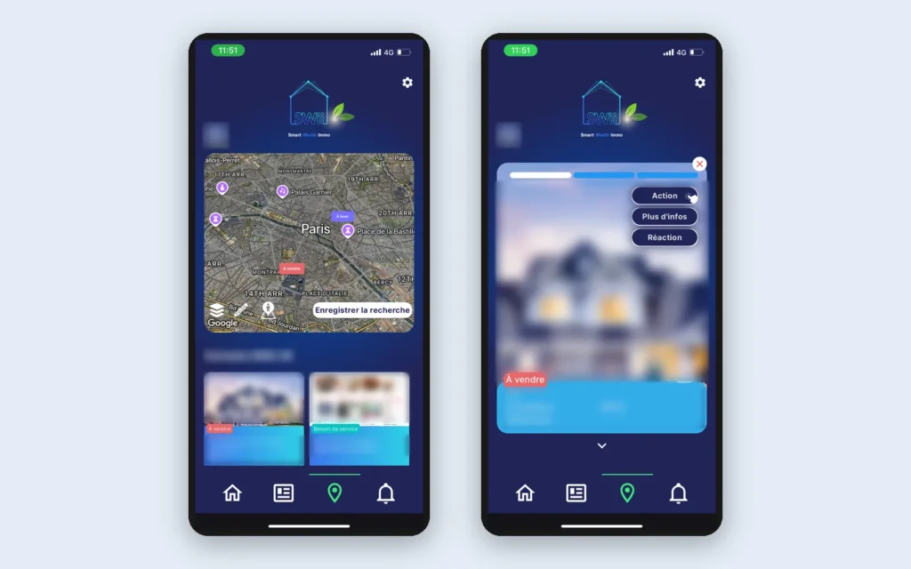 Two screens of the marketplace mobile app, the map and an open listing, with personal details blurred